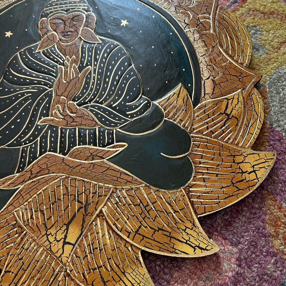 Vintage 15.5" Crackled Wood Handcarved Gold and Black Buddha Wall Art Indonesia - Picture 13 of 15